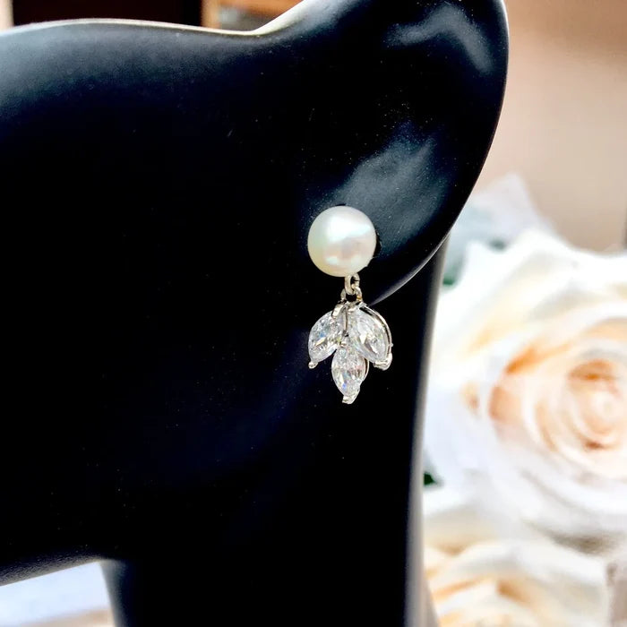 Wedding Jewelry - Minimalist Pearl and Cubic Zirconia Bridal Earrings