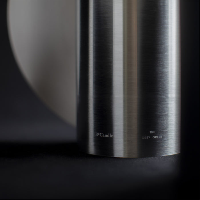 BeCandle x The Grey Green Vase Candle 400g close-up, stainless steel vessel with engraved branding and minimalist design.