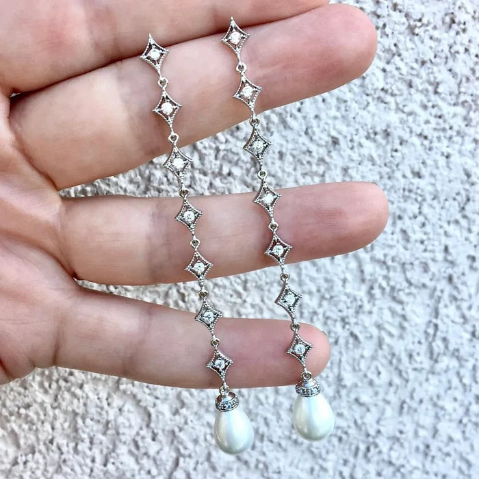 Wedding Jewelry - Pearl and Cubic Zirconia Long Bridal Earrings