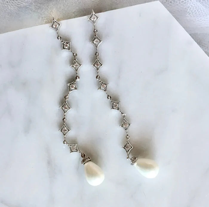 Wedding Jewelry - Pearl and Cubic Zirconia Long Bridal Earrings