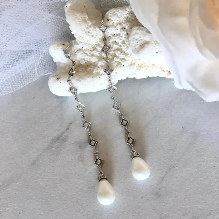 Wedding Jewelry - Pearl and Cubic Zirconia Long Bridal Earrings