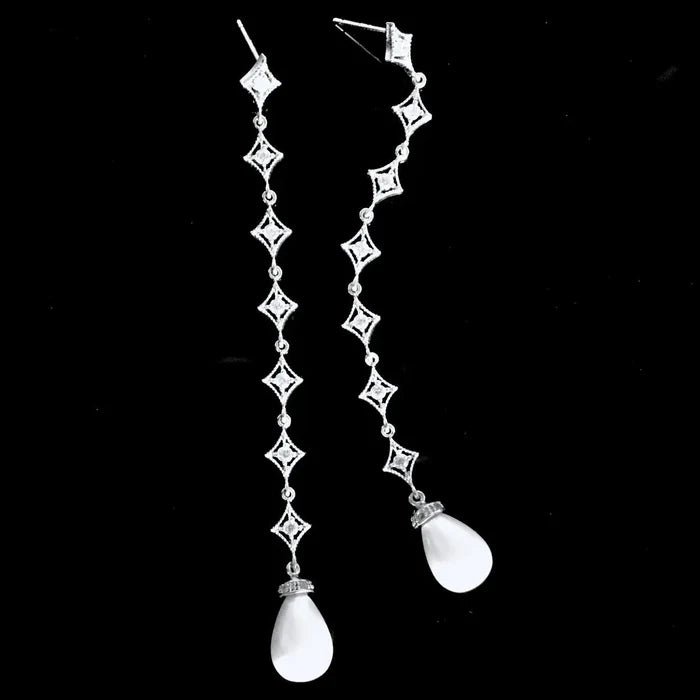 Wedding Jewelry - Pearl and Cubic Zirconia Long Bridal Earrings