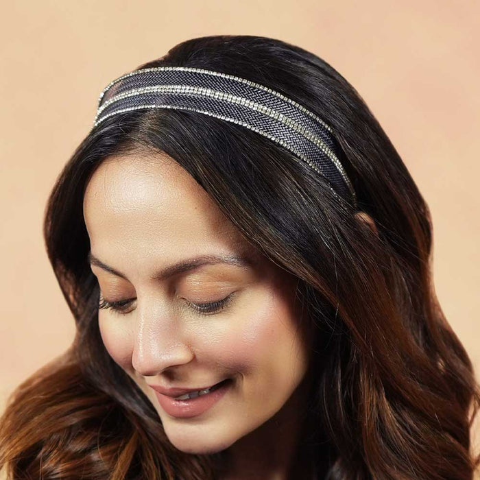 Mesh Hair Band with Crystals - Grey