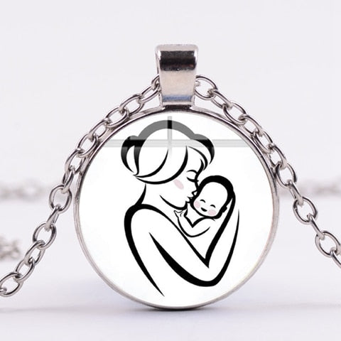 Mother & Baby Glass Pendant Necklace – Zinc Alloy