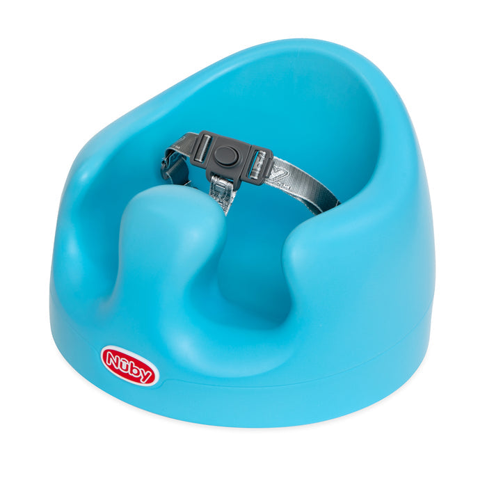 The My Floor Seat is a blue Nuby baby seat with a built-in safety harness and raised leg divider, ergonomically designed to support babies as they sit upright.