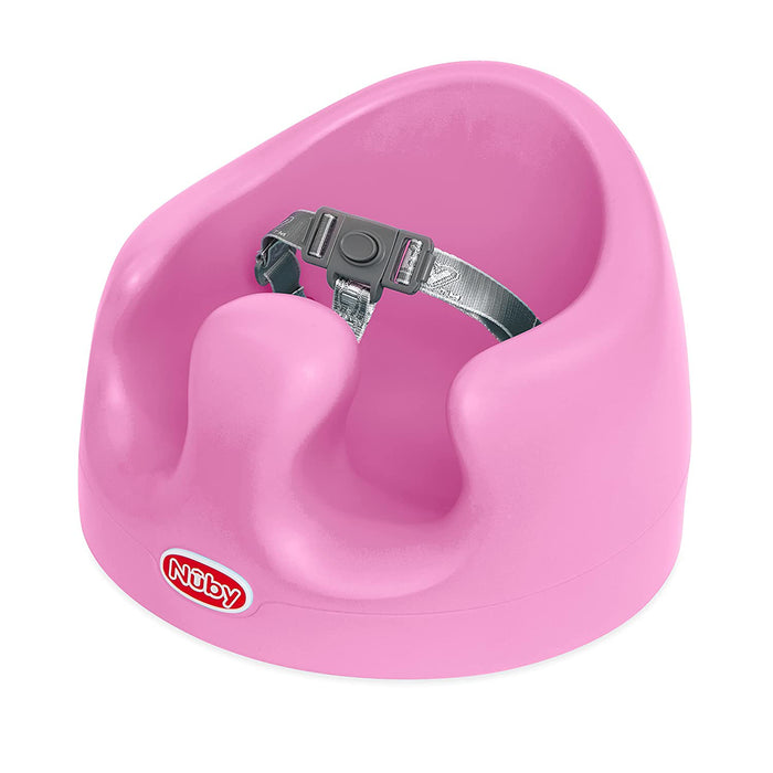 The My Floor Seat is a pink Nuby infant support seat with raised sides and a three-point harness, designed to help infants sit up safely.