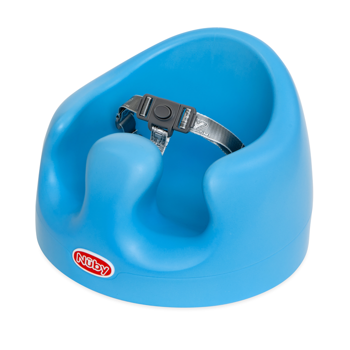 The My Floor Seat is a blue ergonomic baby seat with a safety harness and a raised leg divider in the front for extra support.