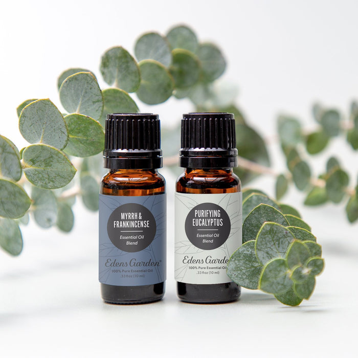 Myrrh & Frankincense and Purifying Eucalyptus essential oil blend bottles among eucalyptus leaves