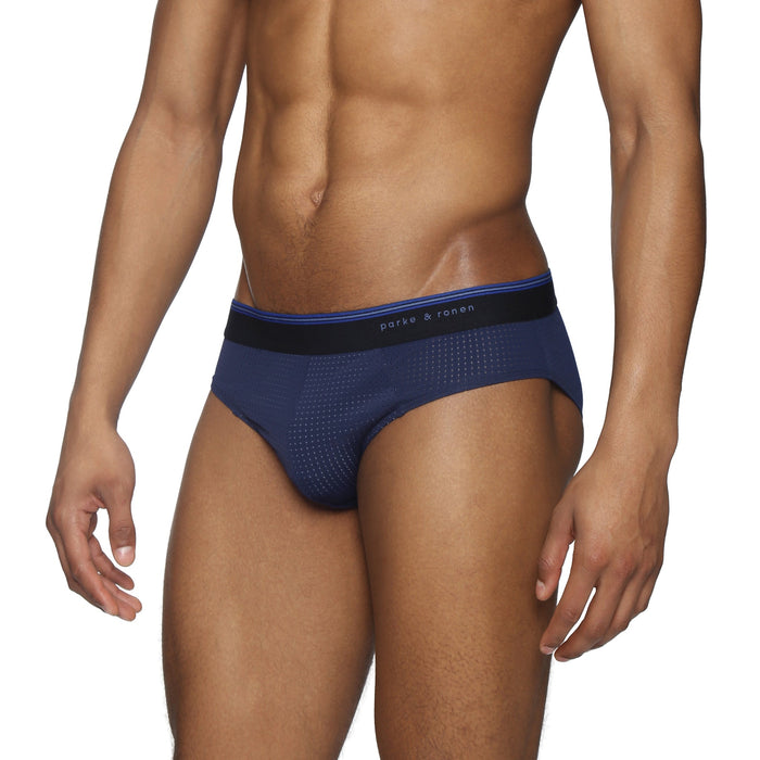 Navy Wave Mesh Low Rise Brief - Parke & Ronen