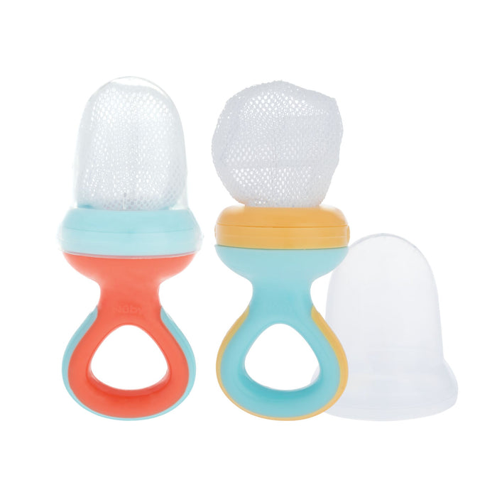 The Nuby Nibbler Feeder (2 Pack) includes two feeders with mesh pouches, blue and orange or blue and yellow handles, plus a transparent cap—ideal for safely introducing new foods to your baby.