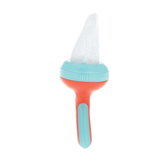 The Nuby Nibbler Feeder (2 Pack) features a red handle, blue accents, and a white mesh pouch, allowing babies to safely self-feed and try new foods.