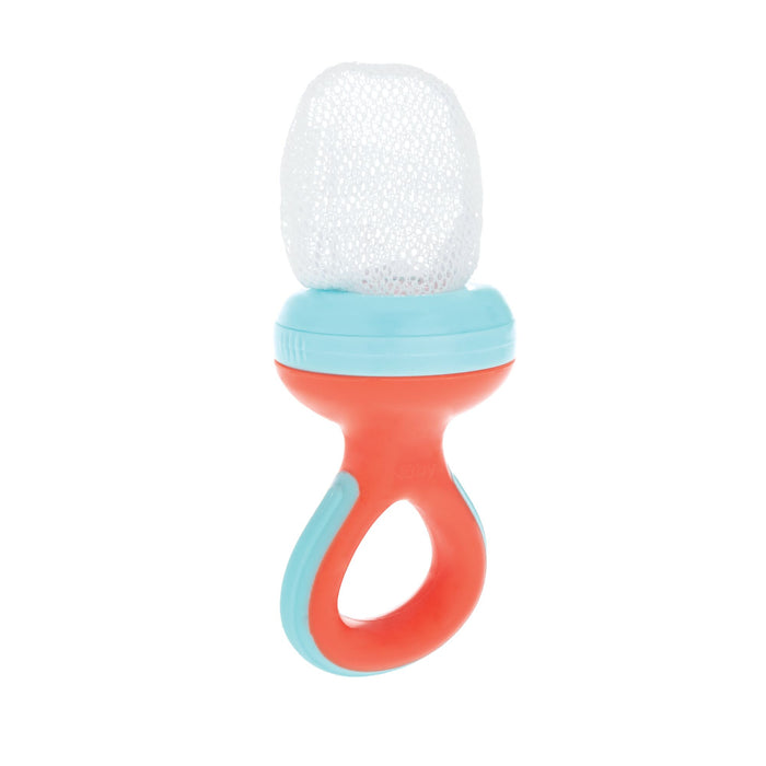 The Nuby Nibbler Feeder (2 Pack) features a turquoise and red handle with a white mesh pouch, allowing you to safely introduce new foods to your baby while also serving as a teether.