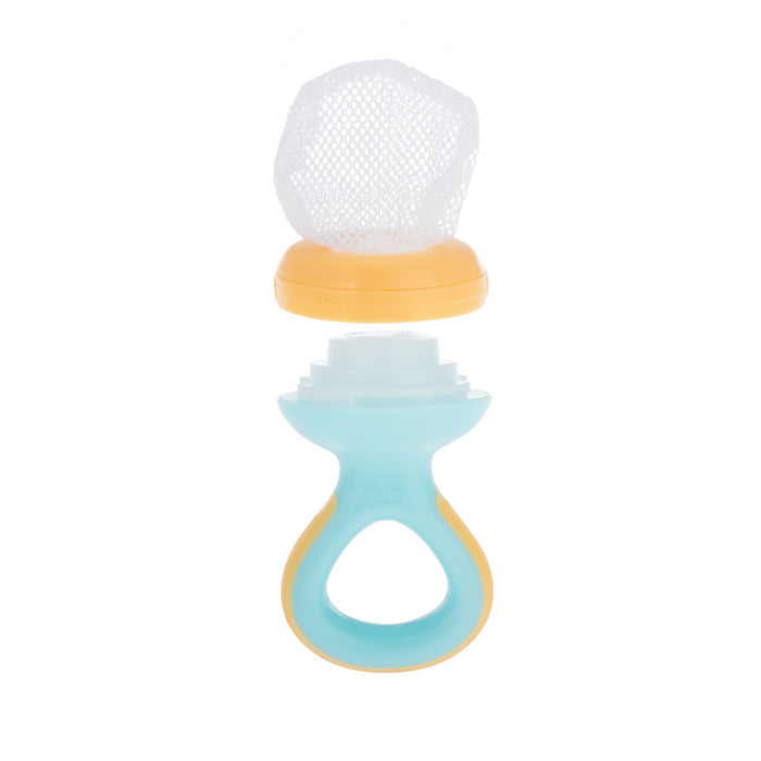 The Nuby Nibbler Feeder (2 Pack) features blue and yellow feeders with mesh pouches, shown open with the top separated from the handle—ideal for introducing new foods or soothing your baby’s teething.