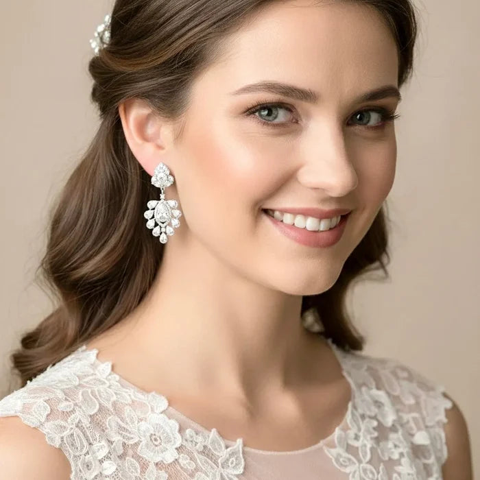 Wedding Jewelry - Silver Cubic Zirconia Bridal Earrings