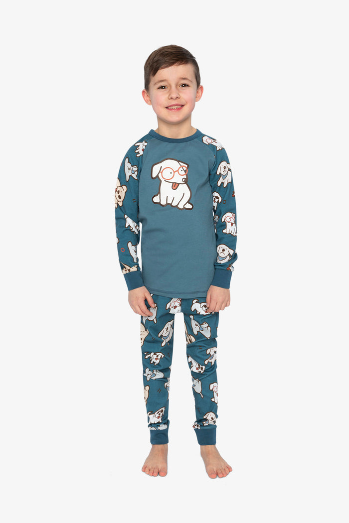Organic Cotton Two Piece Pajama Set Turquoise Dog Print-1