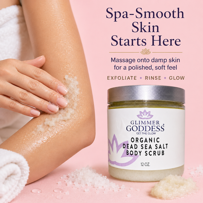 Glimmer Goddess Organic Dead Sea Salt Body Scrub jar beside a spa-style product-in-use scene showing scrub being massaged onto damp skin.