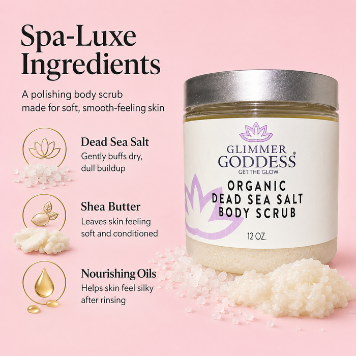 Glimmer Goddess Organic Dead Sea Salt Body Scrub jar on a cotton candy pink background with ingredient callouts for Dead Sea salt, shea butter, and nourishing oils.