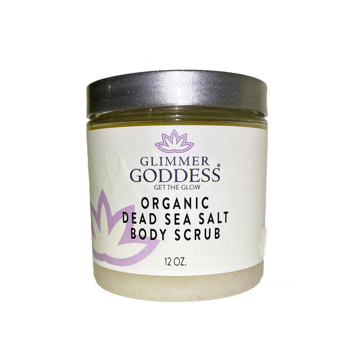 Organic Dead Sea Salt Body Scrub in glass jar with purple lotus design, 12 oz