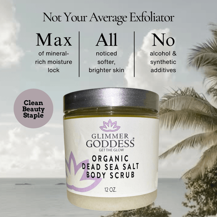 Organic Dead Sea Salt Body Scrub by Glimmer Goddess® with exfoliating salts and shea butter for smooth, detoxified skin.