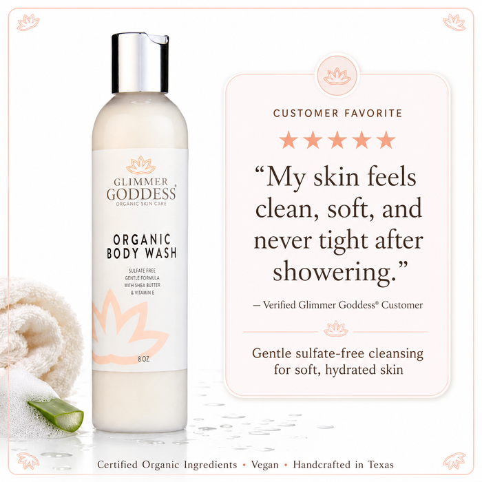 Glimmer Goddess Organic Moisturizing Body Wash testimonial image on a white background with soft brand trim, featuring the same exact white bottle from Image 1 on the left, a five-star customer review about clean soft hydrated skin, gentle sulfate-free cleansing, Certified Organic Ingredients, vegan formula, and handcrafted in Texas body care.