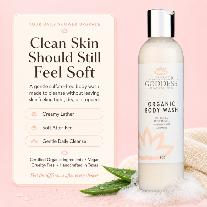 Glimmer Goddess Organic Moisturizing Body Wash special call-out image on a Cotton Candy pink background, featuring the exact body wash bottle with creamy lather, water droplets, aloe, and messaging for sulfate-free cleansing, soft hydrated-feeling skin, Certified Organic Ingredients, vegan, cruelty-free, and handcrafted in Texas body care.