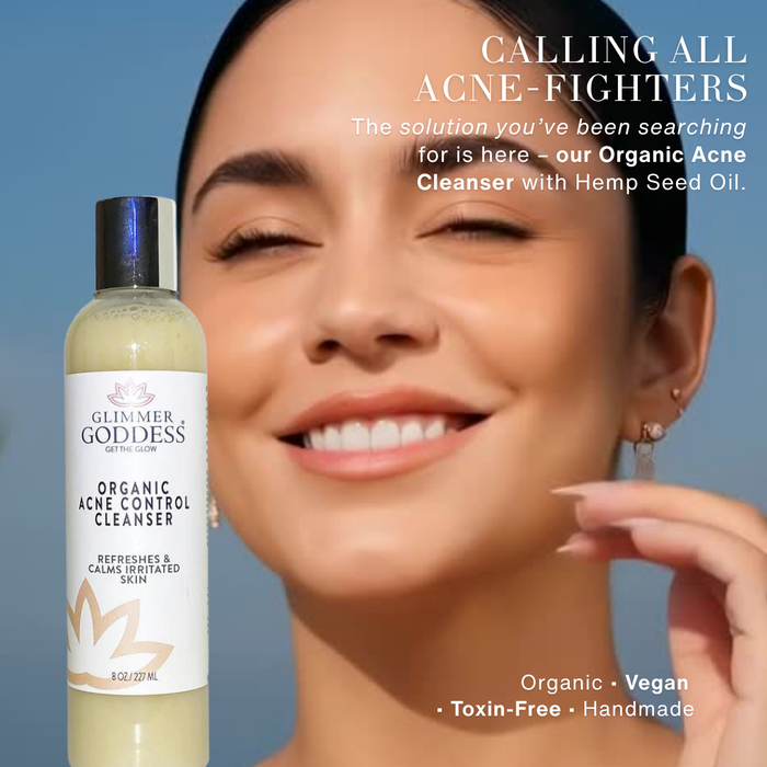 Organic moisturizing body wash by Glimmer Goddess® for soft, hydrated skin, shown in a sleek bottle with gentle lather.