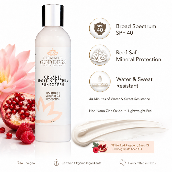 Glimmer Goddess Organic Reef-Safe Sunscreen Broad Spectrum SPF 40 shown on a clean white background with benefit callouts for SPF 40 protection, reef-safe mineral sun defense, and water and sweat resistance.