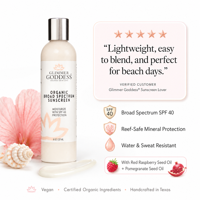 Glimmer Goddess sunscreen bottle with product features and customer review on a white background