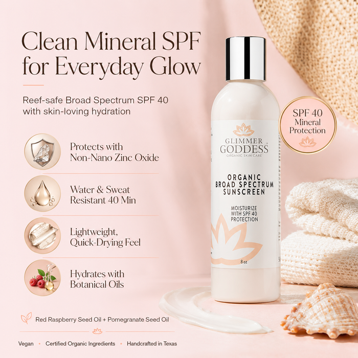 Glimmer Goddess organic broad spectrum sunscreen bottle with product features on a pink background