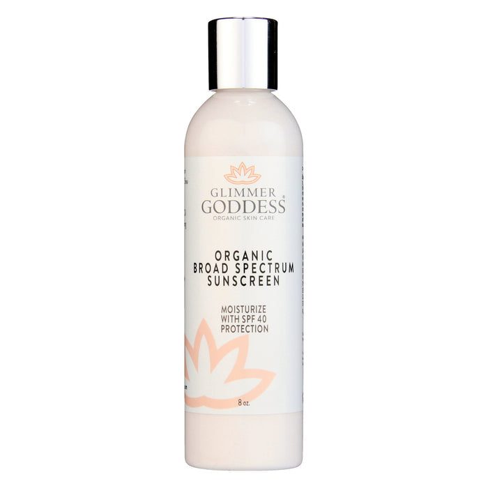 Organic broad spectrum sunscreen with SPF 40, moisturizing skin care in sleek white bottle