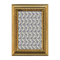 Decorative gold frame with a blue and white patterned interior on a white background