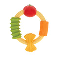 The Nuby Pasta Silicone Teething Ring features textured bowtie, rigatoni, and penne pasta shapes with a tomato accent, providing fun and soothing relief for your baby during teething.