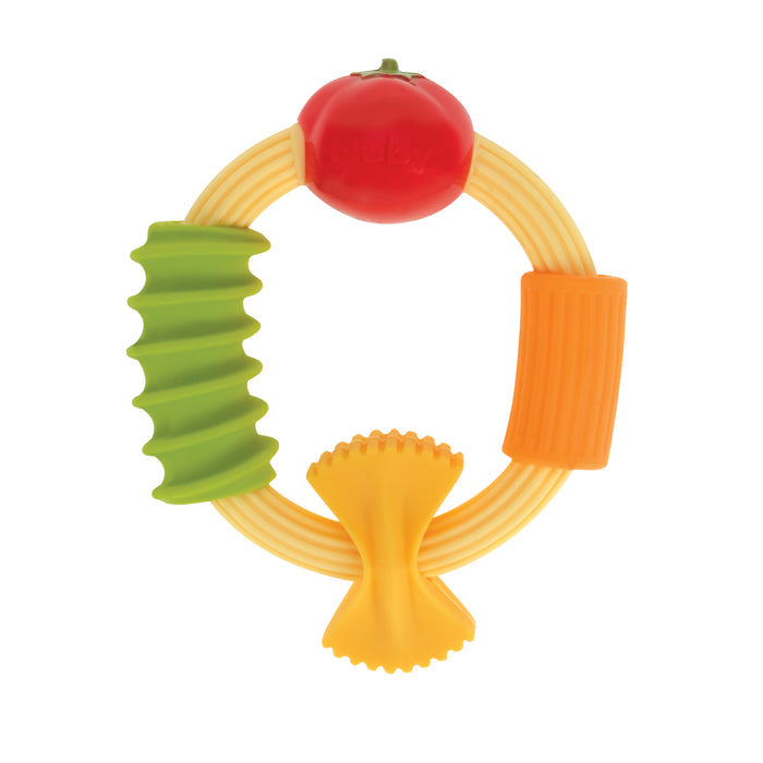 The Nuby Pasta Silicone Teething Ring features textured bowtie, rigatoni, and penne pasta shapes with a tomato accent, providing fun and soothing relief for your baby during teething.