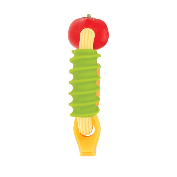 The Nuby Pasta Silicone Teething Ring features a red tomato top, green textured middle, and yellow handle—making teething safe and fun for babies.