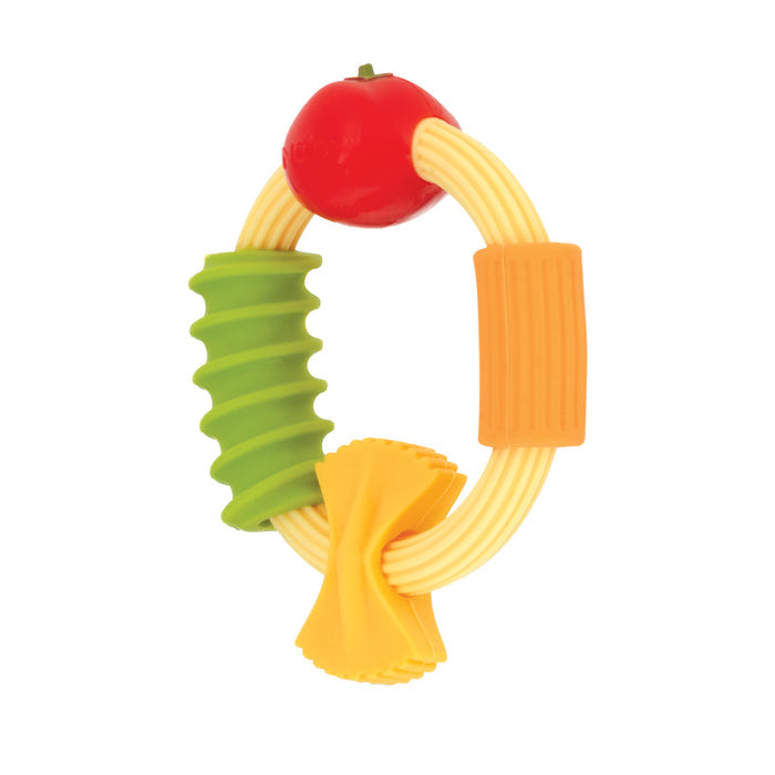 The Nuby Pasta Silicone Teething Ring is a playful baby teether styled like pasta, with textured tomato, green rotini, orange rigatoni, and yellow farfalle—perfect for soothing sore gums.