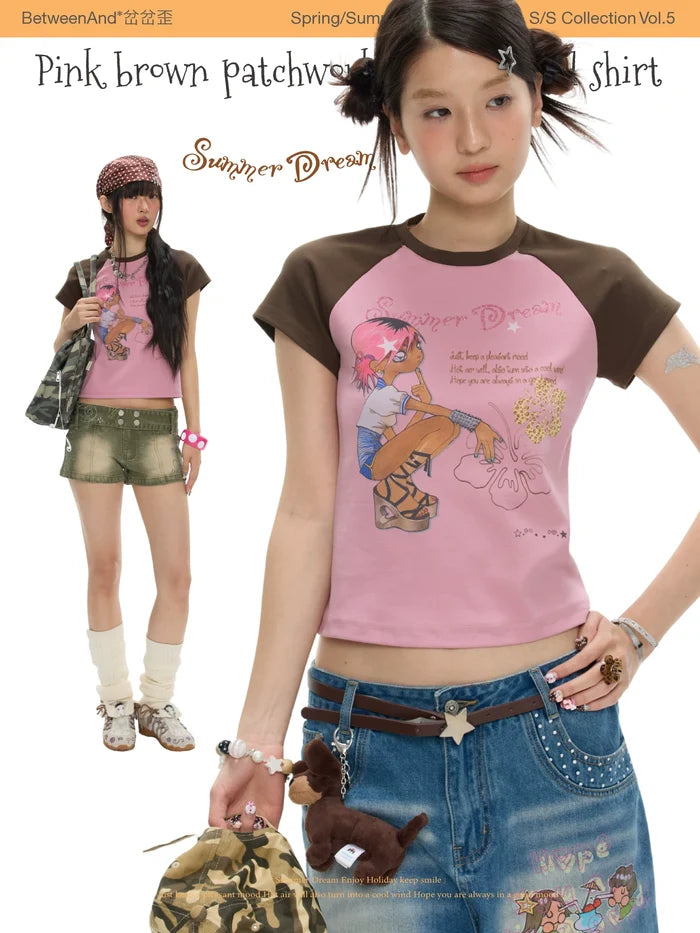Pink brown patchwork short sleeve t-shirt