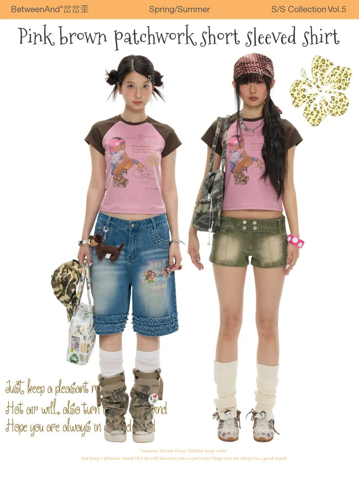 Pink brown patchwork short sleeve t-shirt