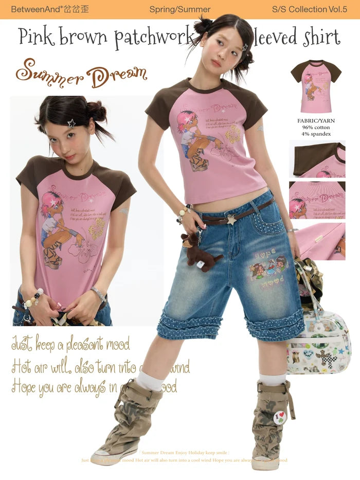 Pink brown patchwork short sleeve t-shirt
