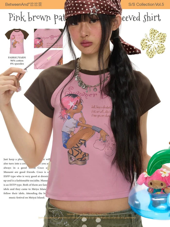 Pink brown patchwork short sleeve t-shirt