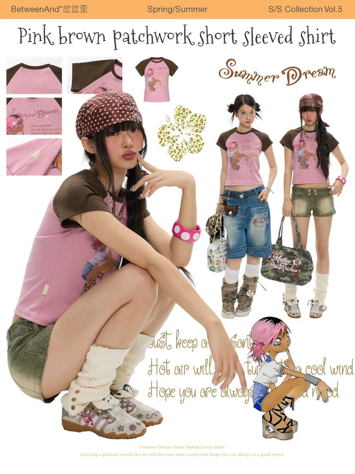 Pink brown patchwork short sleeve t-shirt