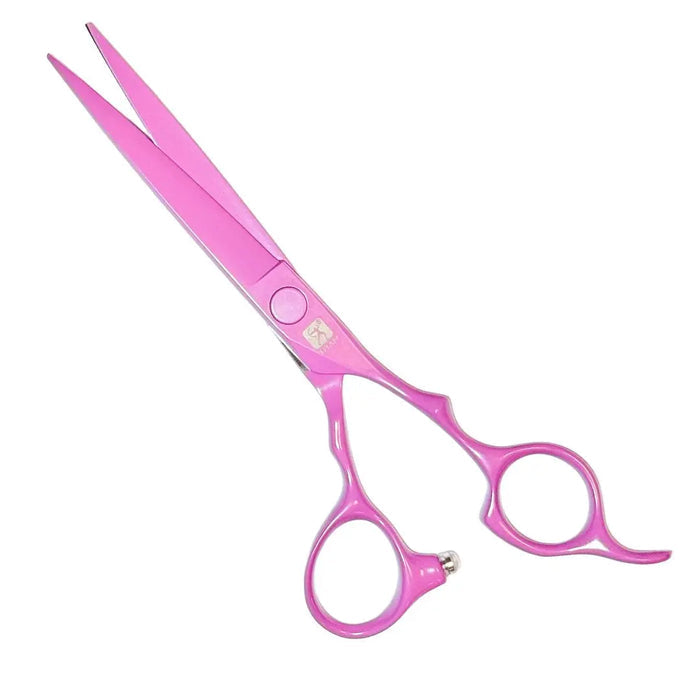 Pink hair shears scissors with a glossy finish, shown open against a plain white background.