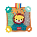 The Plush Pal Teether Blankie | Lion is a colorful interactive plush baby teether with a lion face, ribbon tags, four textured green, yellow, blue, and orange teething corners, crinkle patterns, and the Nuby logo.