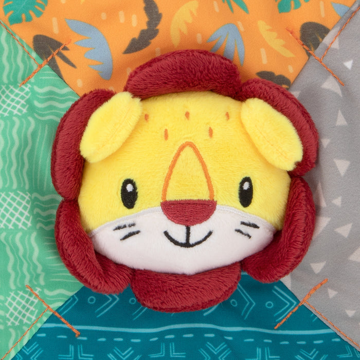The Plush Pal Teether Blankie | Lion features a plush lion face with a yellow snout, red mane, and stitched details on a colorful fabric. It also has an interactive crinkle toy section to engage your baby’s senses.