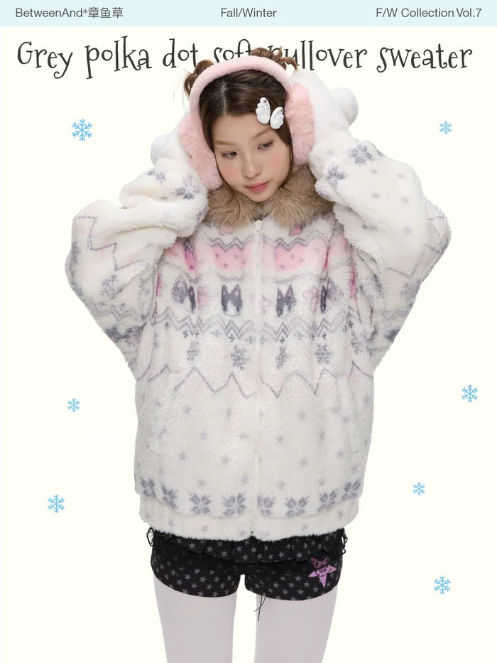 Polka dot sherpa padded jacket with soft fur collar