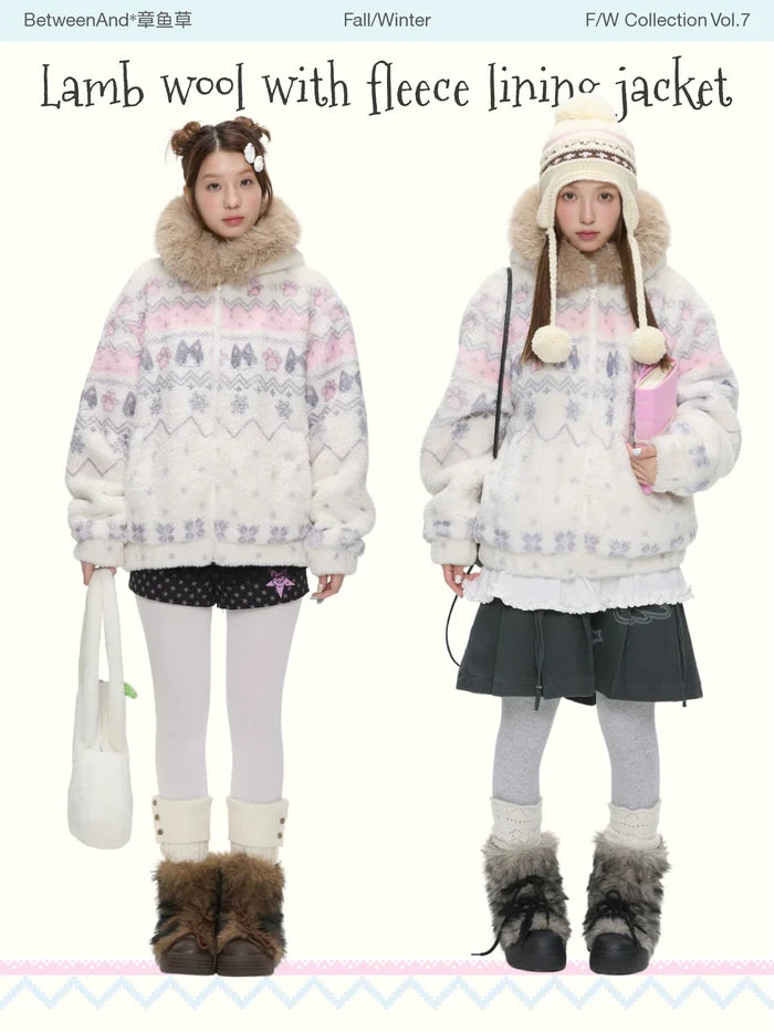 Polka dot sherpa padded jacket with soft fur collar