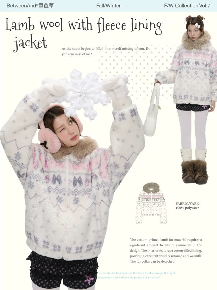 Polka dot sherpa padded jacket with soft fur collar