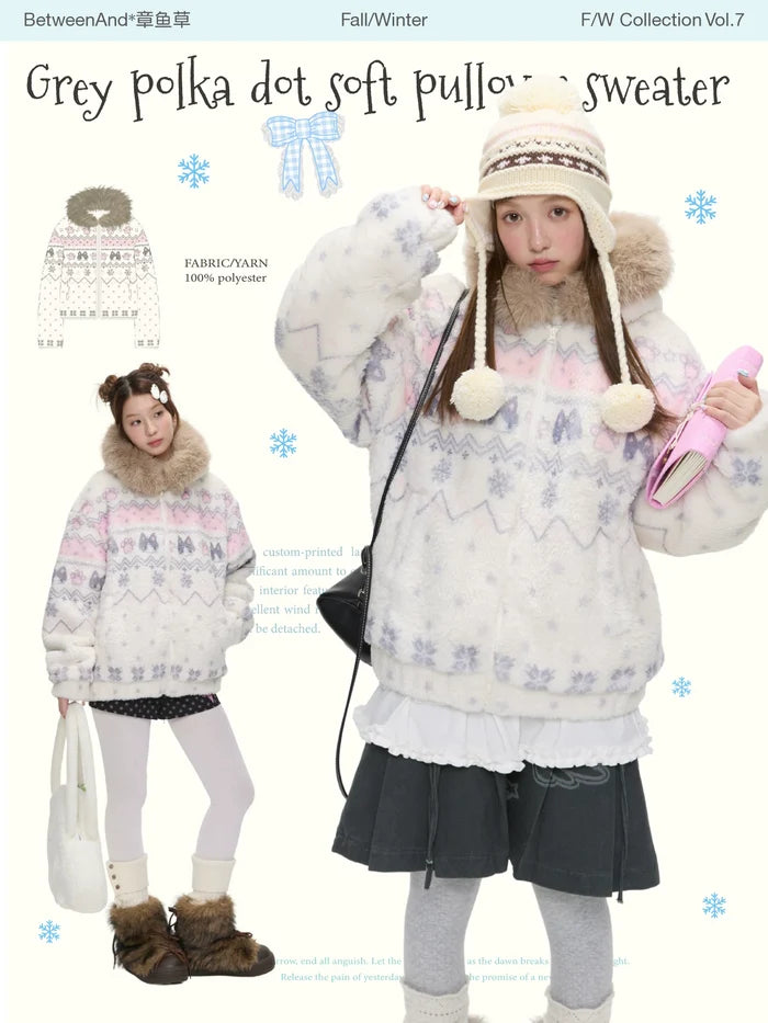 Polka dot sherpa padded jacket with soft fur collar