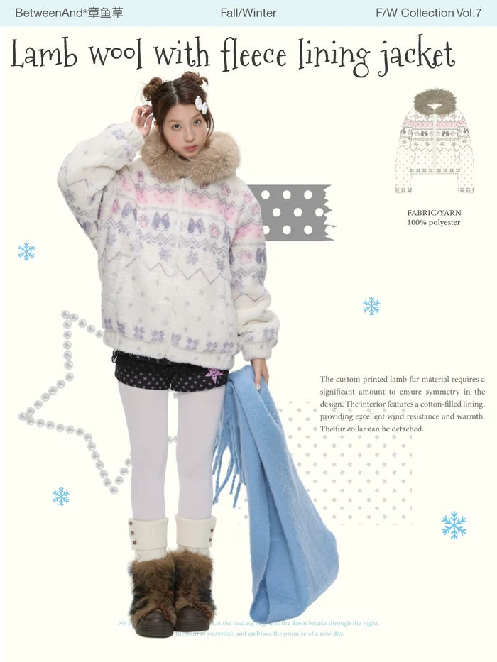 Polka dot sherpa padded jacket with soft fur collar