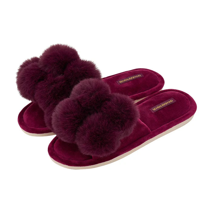 Pom Pom Slippers - Cosy Luxe - Mulberry