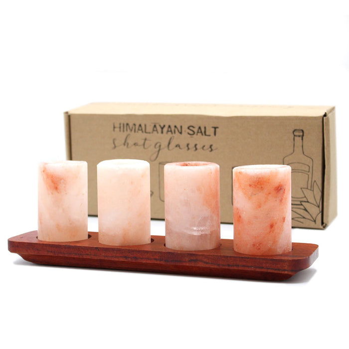 Premium Himalayan Salt Shot Glasses Set of 4 with Wooden Serving Stand